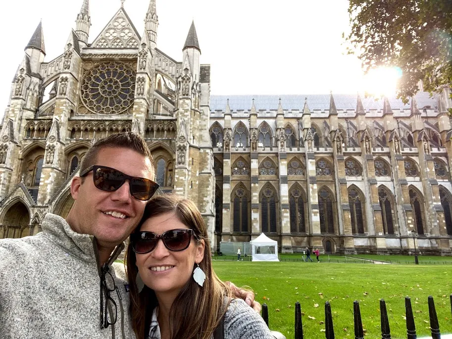 Couple in front of Westminster Abbey in London